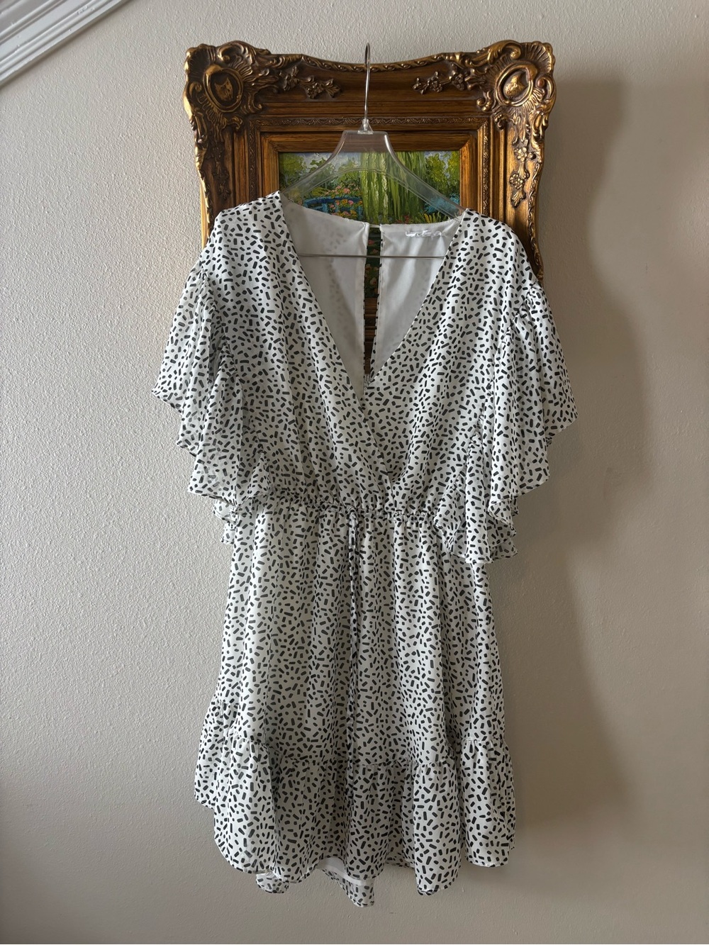 MACARON White Dress with Black Confetti Print